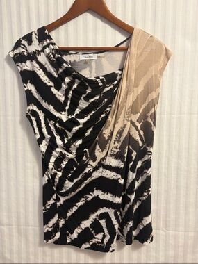 Zebra-Print Top Calvin Klein Black White Brown Cream Abstract Drape Neck Size M